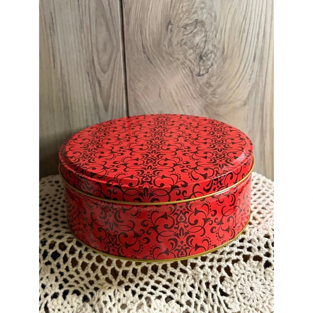 Red Black Damask Round Tin Scroll Pattern Gold Interior Storage Container 7x3